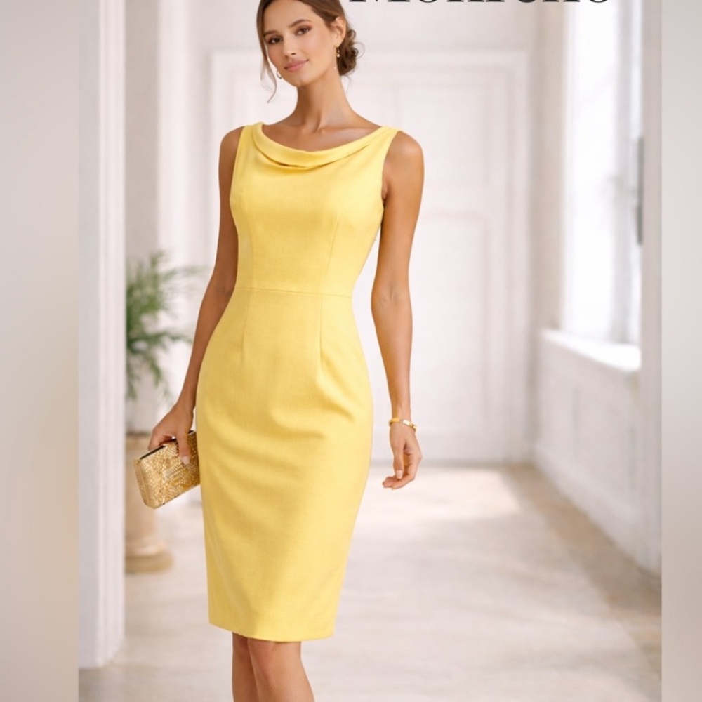 Mohito, Yellow Sheath Dress Draped Neck Back V Cocktail Party Dress EU 36 US 4